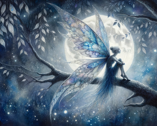 Luminescent fairy on branch under glowing moonlight