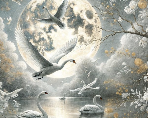 Moonlit Night Over a Tranquil Lake with Swans