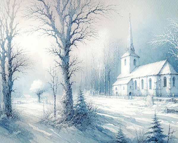 Serene Winter Landscape with Church and Snowfall