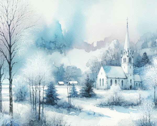 Winter Landscape with Church and Snow-Covered Trees