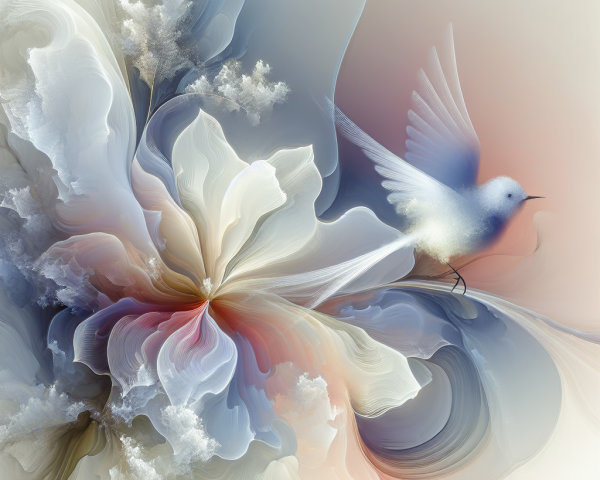 Soft-Focus Painting of a White Bird on Abstract Florals