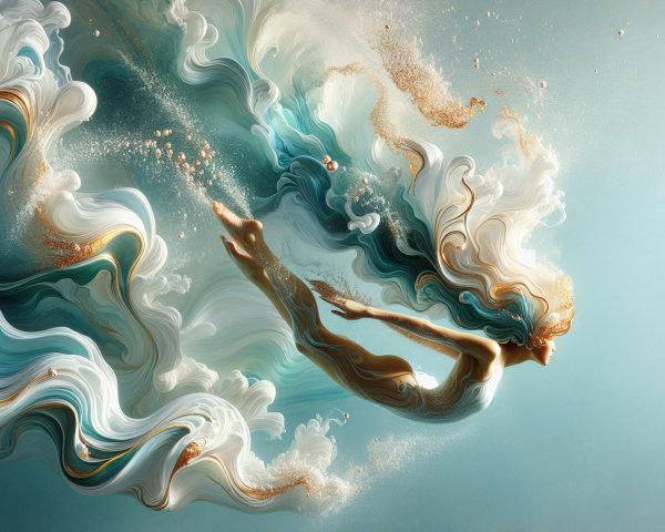 Graceful figure diving into vibrant swirling sea