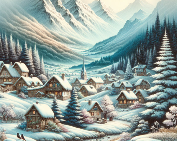 Winter Village Surrounded by Snow-Capped Mountains