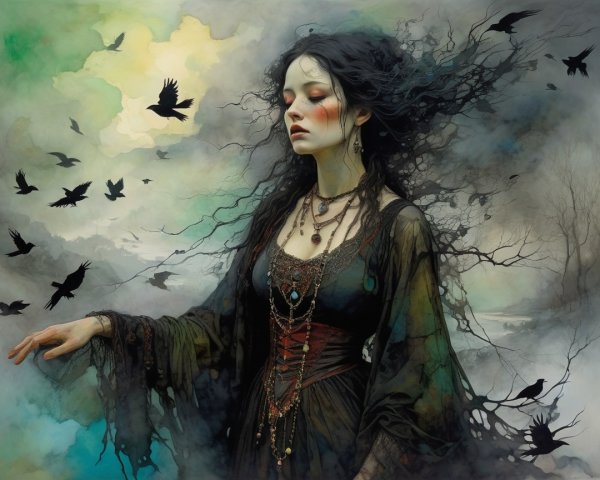 Ethereal Figure in Dark Gown Surrounded by Clouds