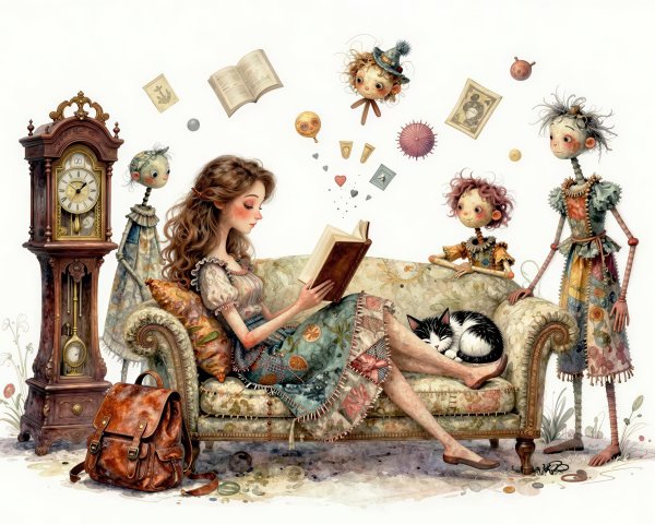 Whimsical Watercolor of Woman Reading on Floral Sofa