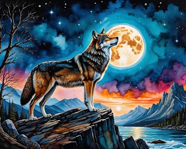 Wolf Howling at Full Moon Over Dusk Landscape
