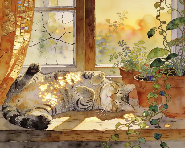 Sleeping Tabby Cat on Window Sill with Sunlight