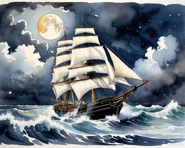 Three-Masted Ship Sailing Through Stormy Waves at Night