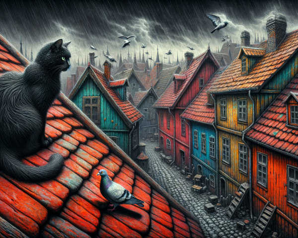 Black Cat on Rooftop Overlooking Colorful Houses