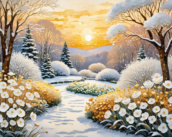 Winter Landscape with Snowy Path and Flower Gardens