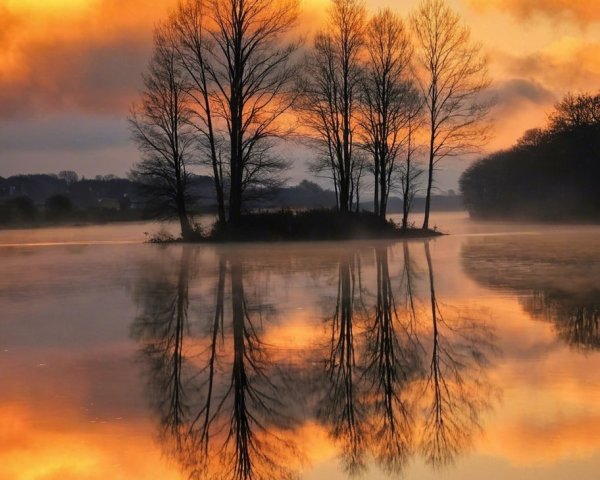 Serene Dusk Landscape with Silhouetted Trees and Lake