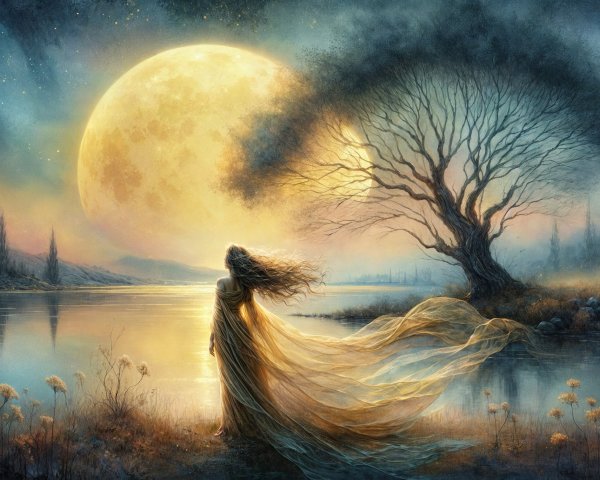 Moonlit Landscape with Mystical Figure by Tranquil Lake