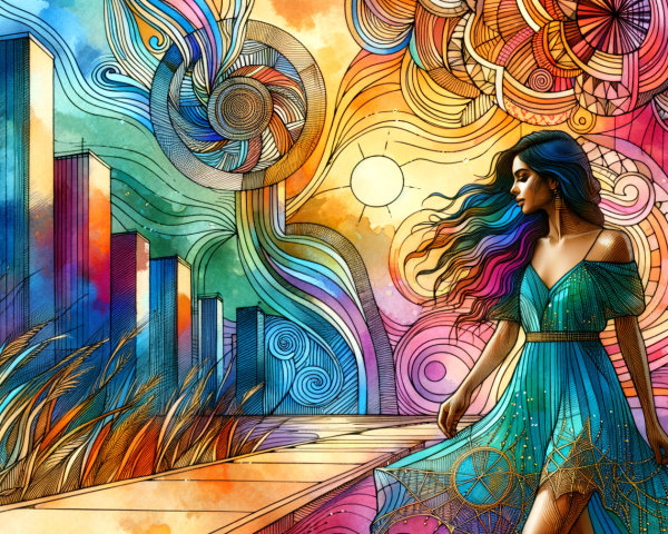 Vibrant illustration of a woman in turquoise dress in city