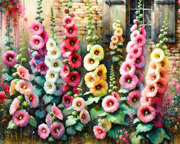 Vibrant Watercolor of Blooming Hollyhocks and Garden