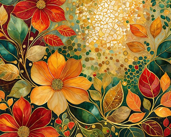 Mosaic Artwork of Colorful Flowers and Green Leaves
