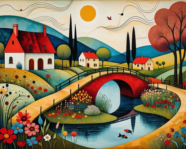 Whimsical Countryside Scene with Colorful Village and River