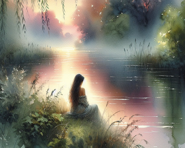Tranquil Watercolor Scene of River at Sunset