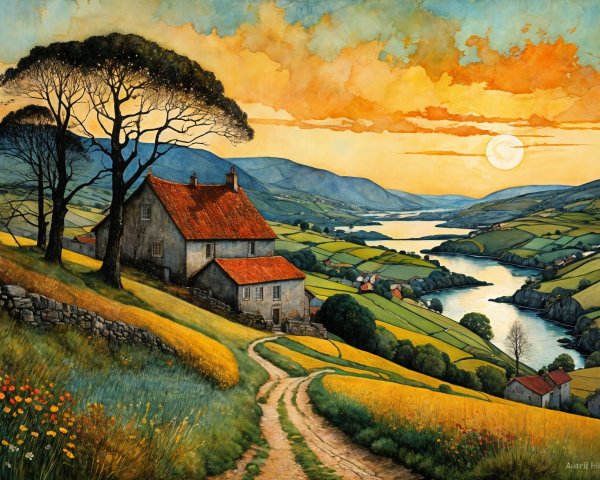 Serene Sunset Landscape with House and River