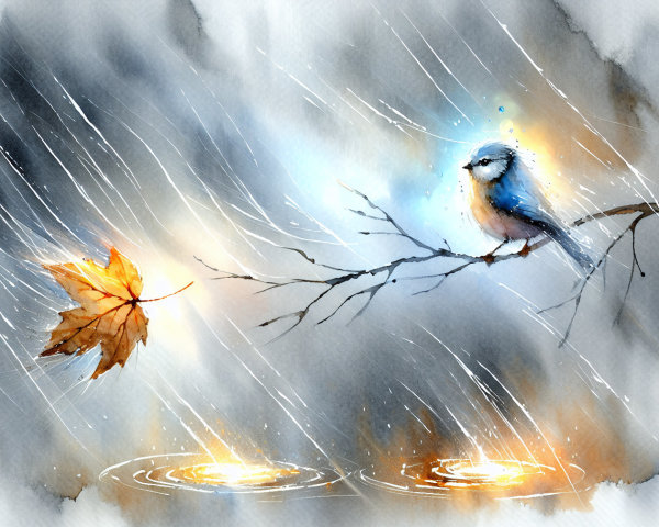Watercolor Scene of Bird, Leaf, and Rainfall