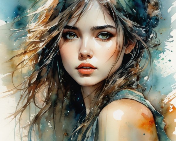 Watercolor Portrait of a Young Woman with Green Eyes