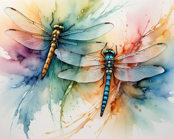 Watercolor Painting of Colorful Dragonflies in Pastels