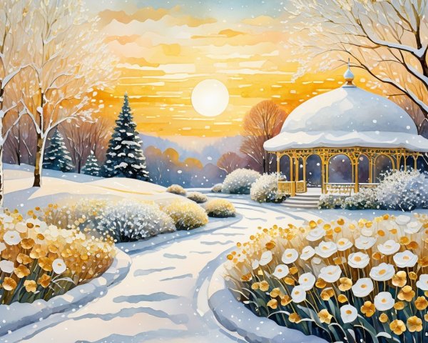 Watercolor Painting of a Winter Landscape with Gazebo