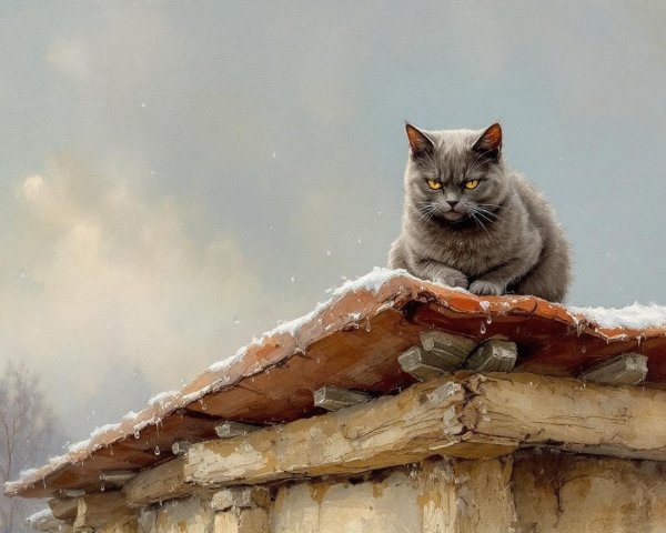 Gray Cat on Snow-Dusted Roof in Winter Setting