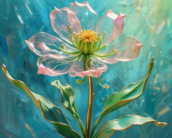 Delicate pink flower with golden center and green leaves