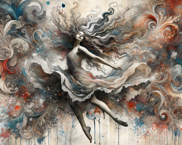 Woman dancing in vibrant colors and dynamic swirls