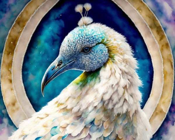 Watercolor Painting of a White Peacock in Detail