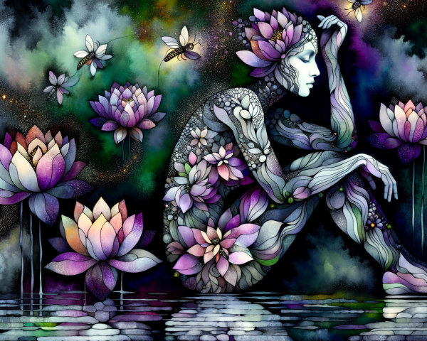 Contemplative Figure Entwined with Lotus Flowers