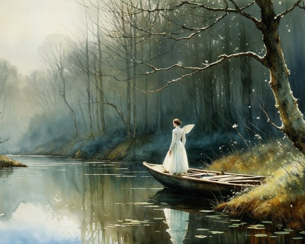 Serene Landscape with Angelic Figure on Misty River