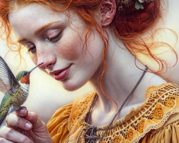Young woman in yellow dress interacts with hummingbird