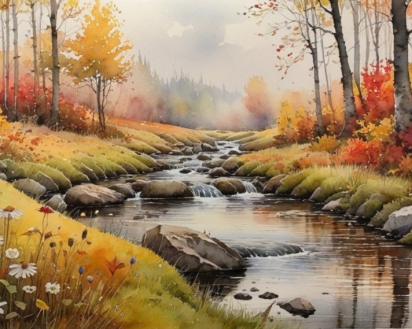 Autumn Landscape with Stream and Vibrant Foliage