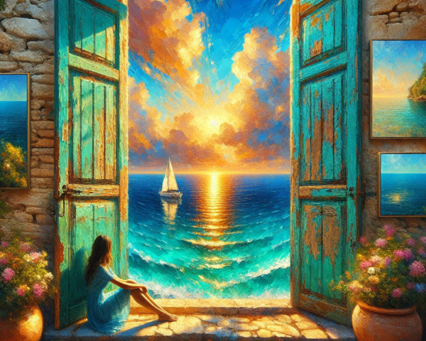 Turquoise Doors Open to Sunset Over Ocean Waters
