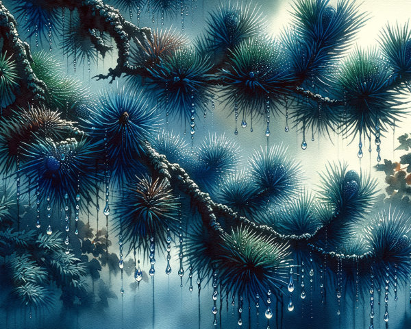 Serene Forest Scene with Dewy Pine Needles and Mist