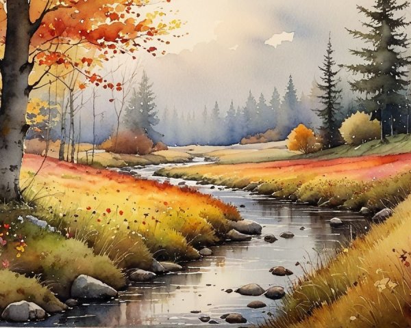 Serene Autumn Landscape with Stream and Foliage