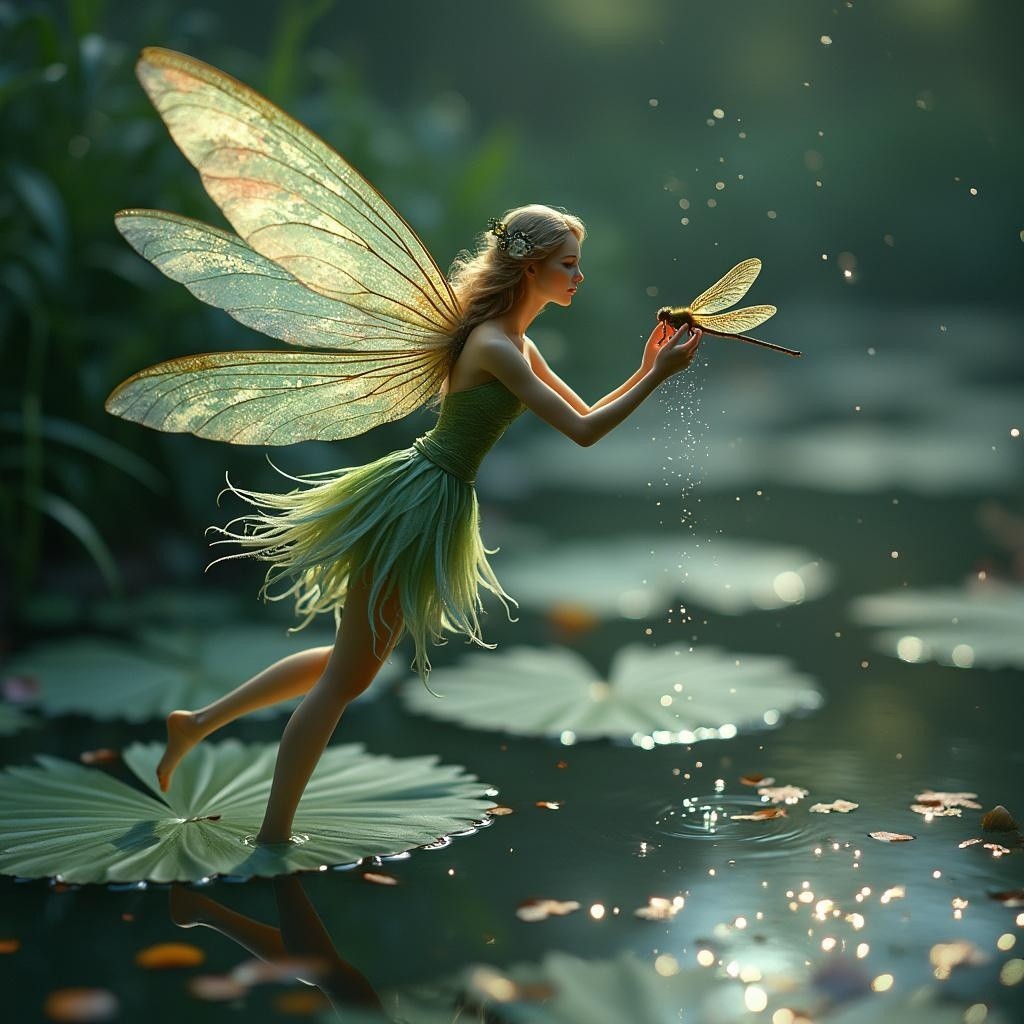 Fairy Dancing on Lily Pad in Enchanting Pond Scene