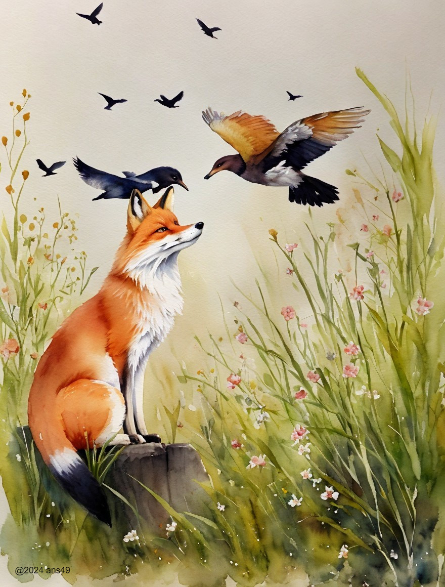Watercolor of a fox on a stump with birds above