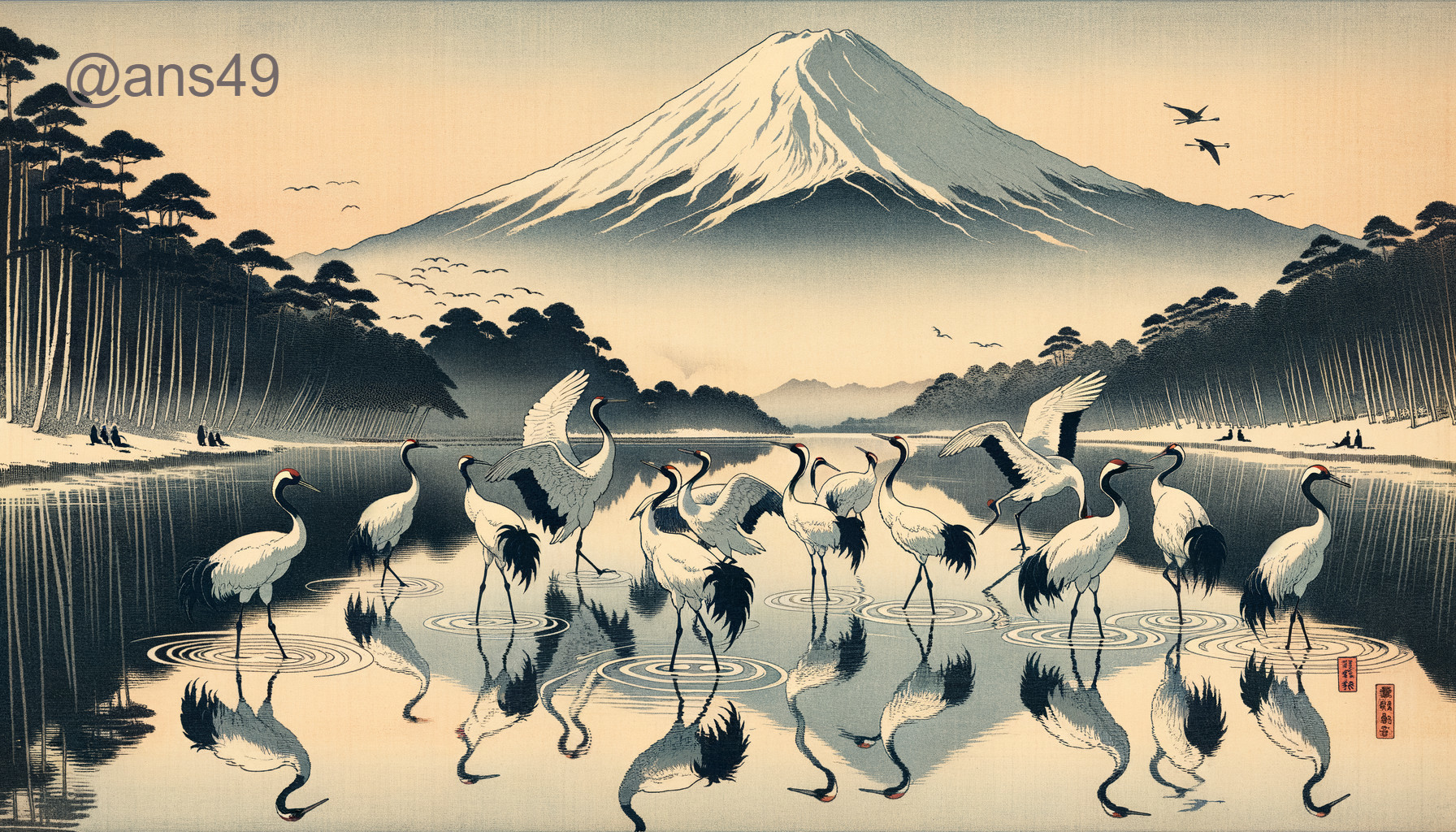 Japanese Woodblock Print: Cranes, Mount Fuji, Serene Landscape