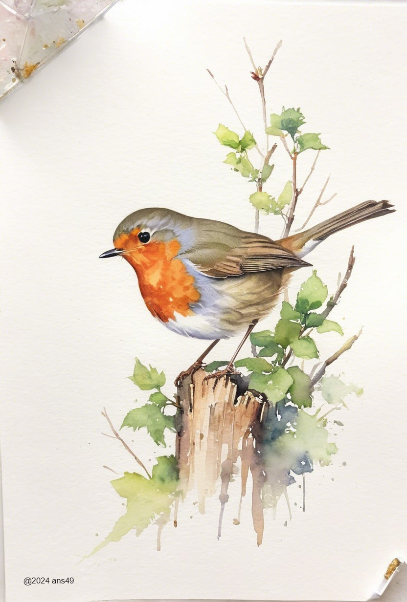 Watercolor Illustration of a Robin on a Stump