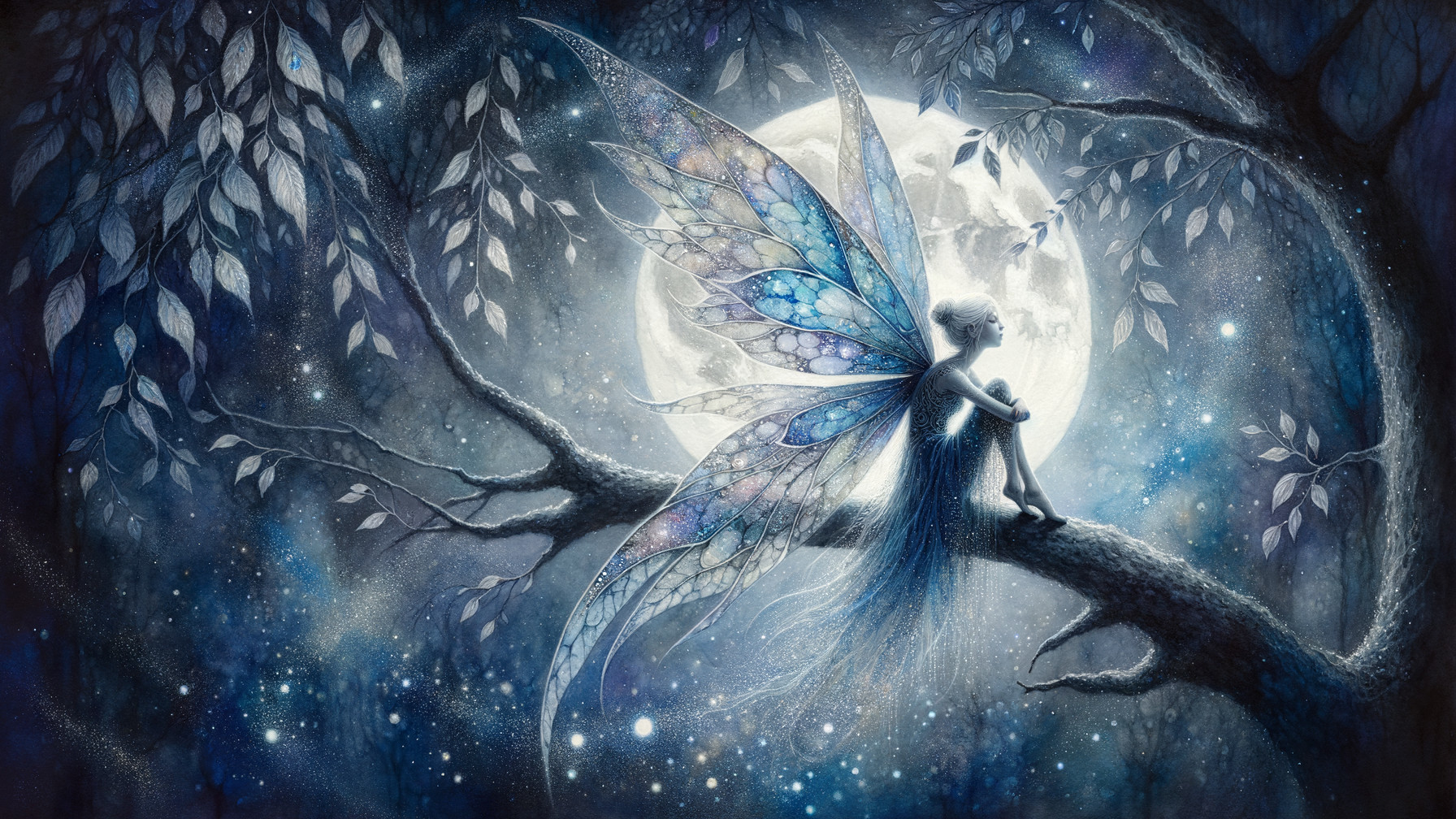 Luminescent fairy on branch under glowing moonlight