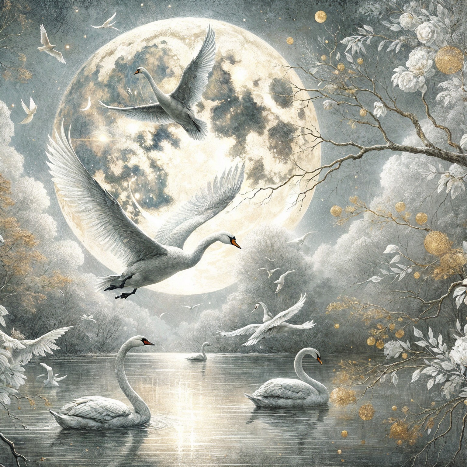 Moonlit Night Over a Tranquil Lake with Swans