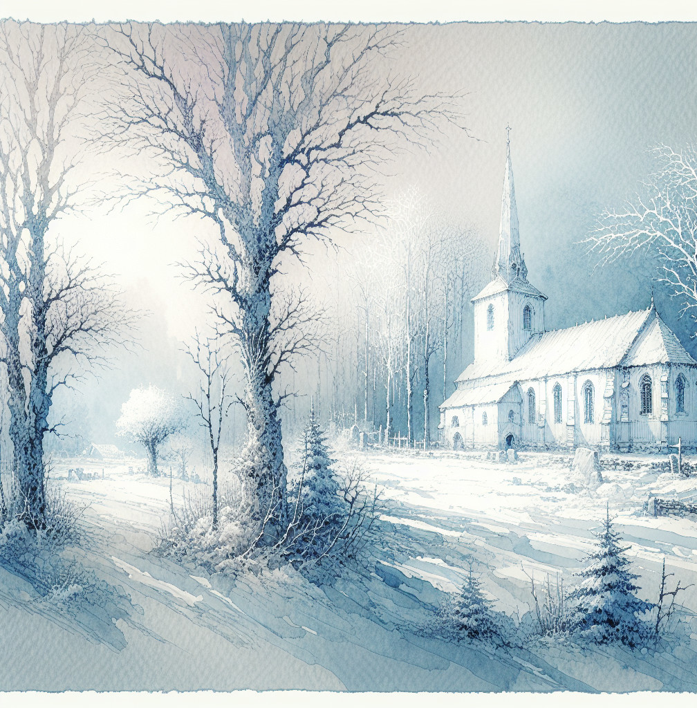 Serene Winter Landscape with Church and Snowfall