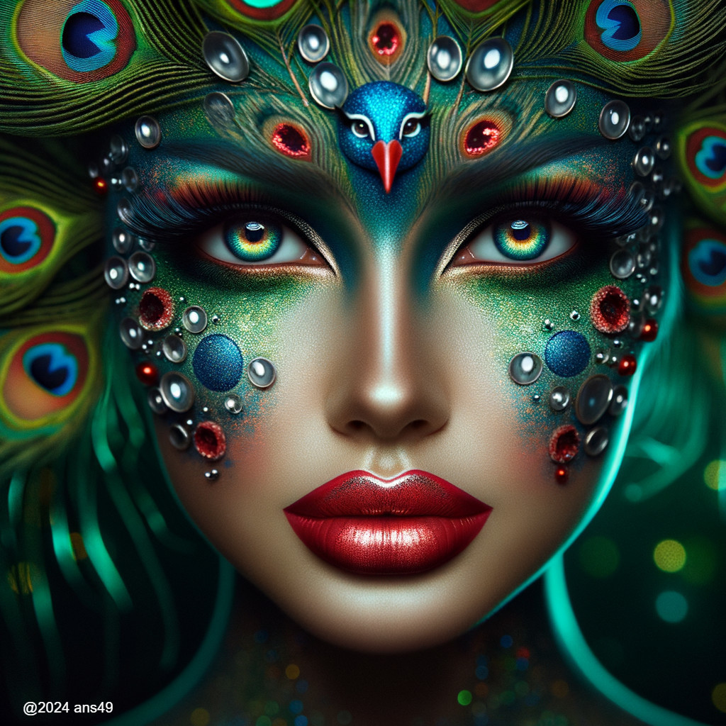Portrait of a Woman with Peacock-Themed Makeup