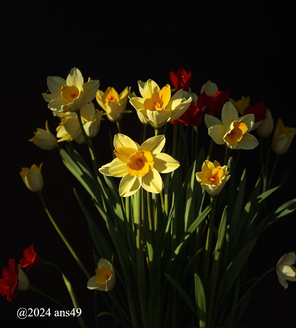 Floral Arrangement of Yellow Daffodils and Red Tulips