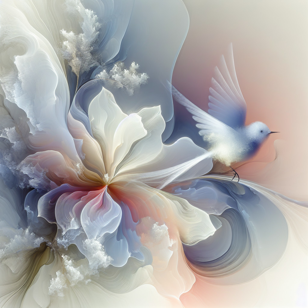 Soft-Focus Painting of a White Bird on Abstract Florals