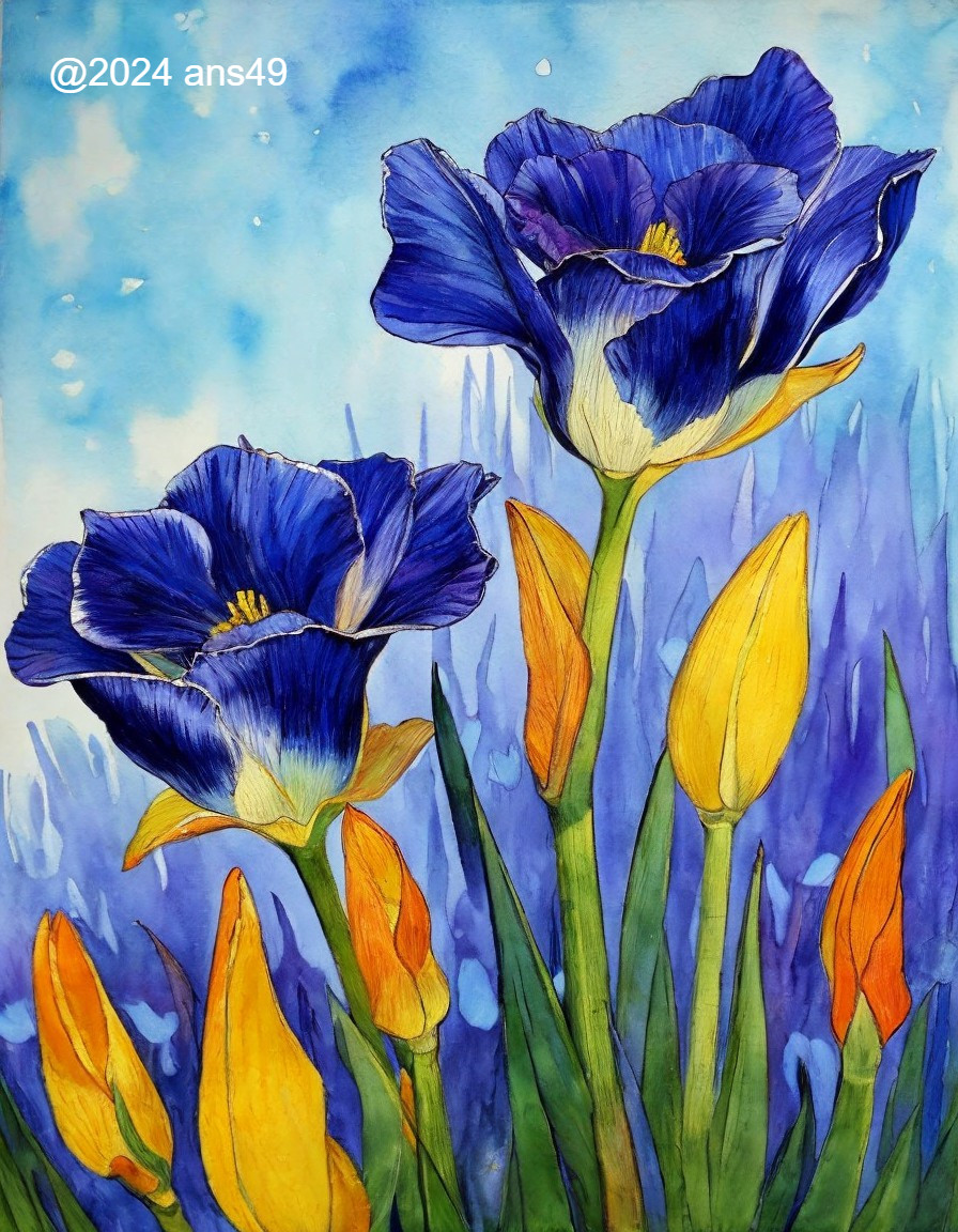 Vibrant Blue Irises and Yellow Tulips in Abstract Art