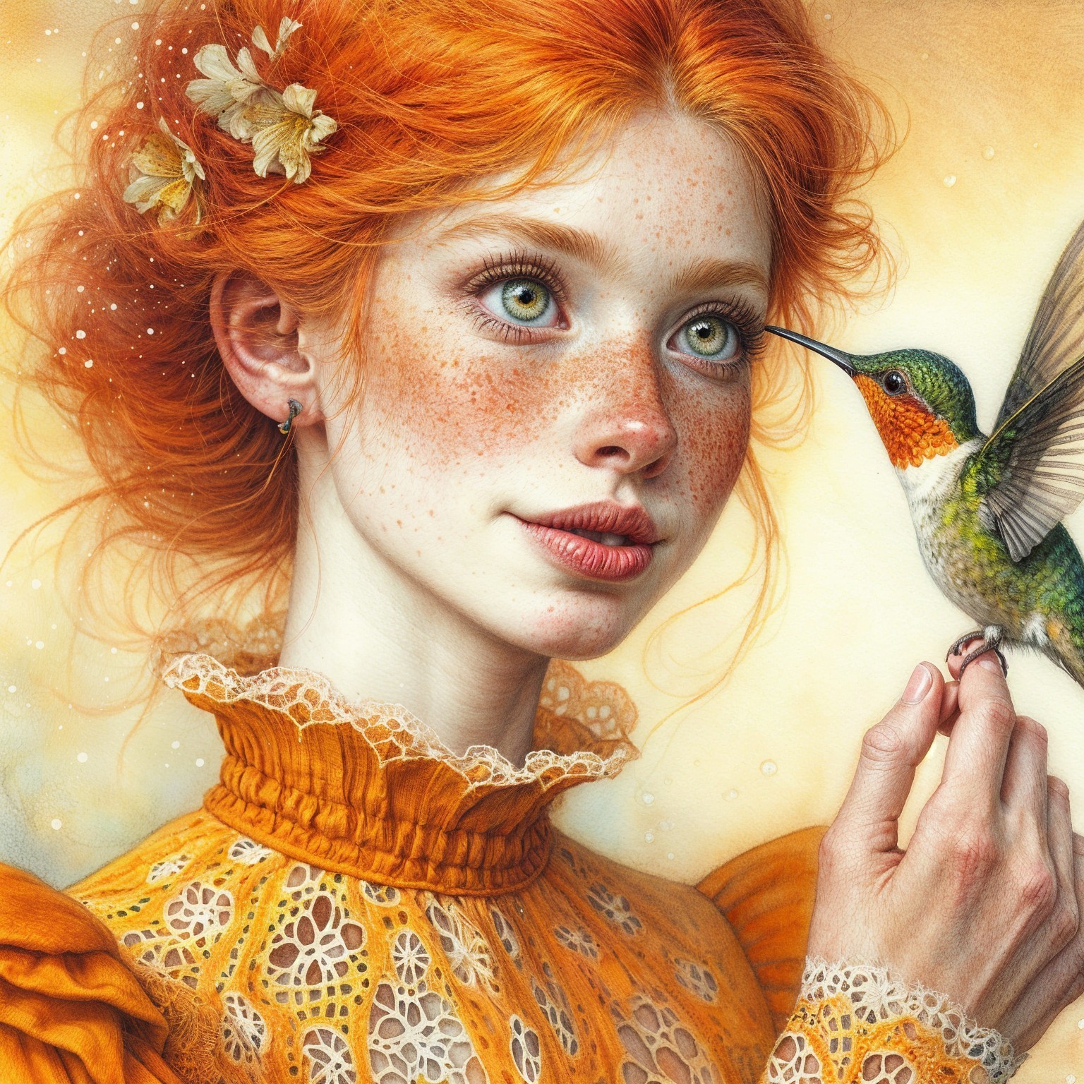 Young woman with orange hair and hummingbird in garden