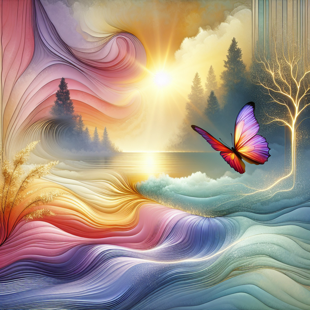 Vibrant Landscape with Butterfly and Sunset Reflection